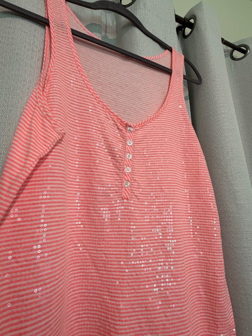 J. Crew Pink Striped Sequin Henley Tank Top Size L Cotton Summer - Picture 3 of 6
